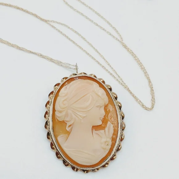 Vintage 14k Carved Shell Cameo Brooch Pendant Necklace - Picture 8 of 9